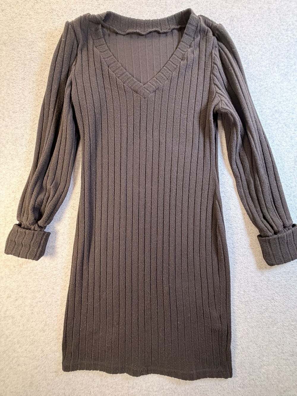 SHEIN V-Neck Ribbed Bodycon Dress Black Long Sleeve